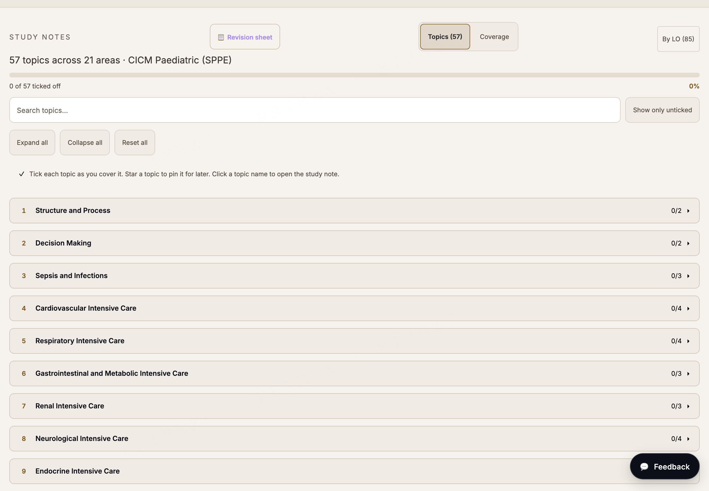 CICM Second Part Paediatric curriculum tracker: learning objectives grouped by section with coverage counts