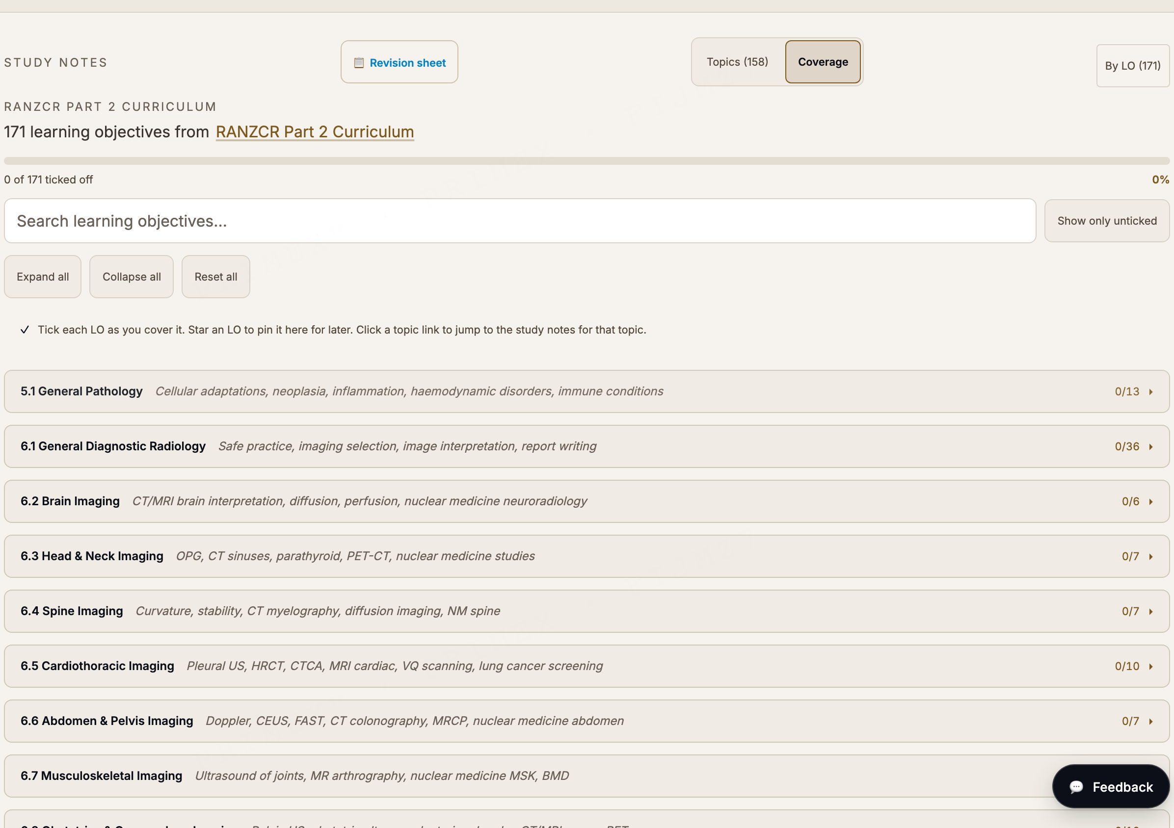 RANZCR Part 2 curriculum tracker: 171 learning objectives grouped by Phase 2 domain with per-section progress counts