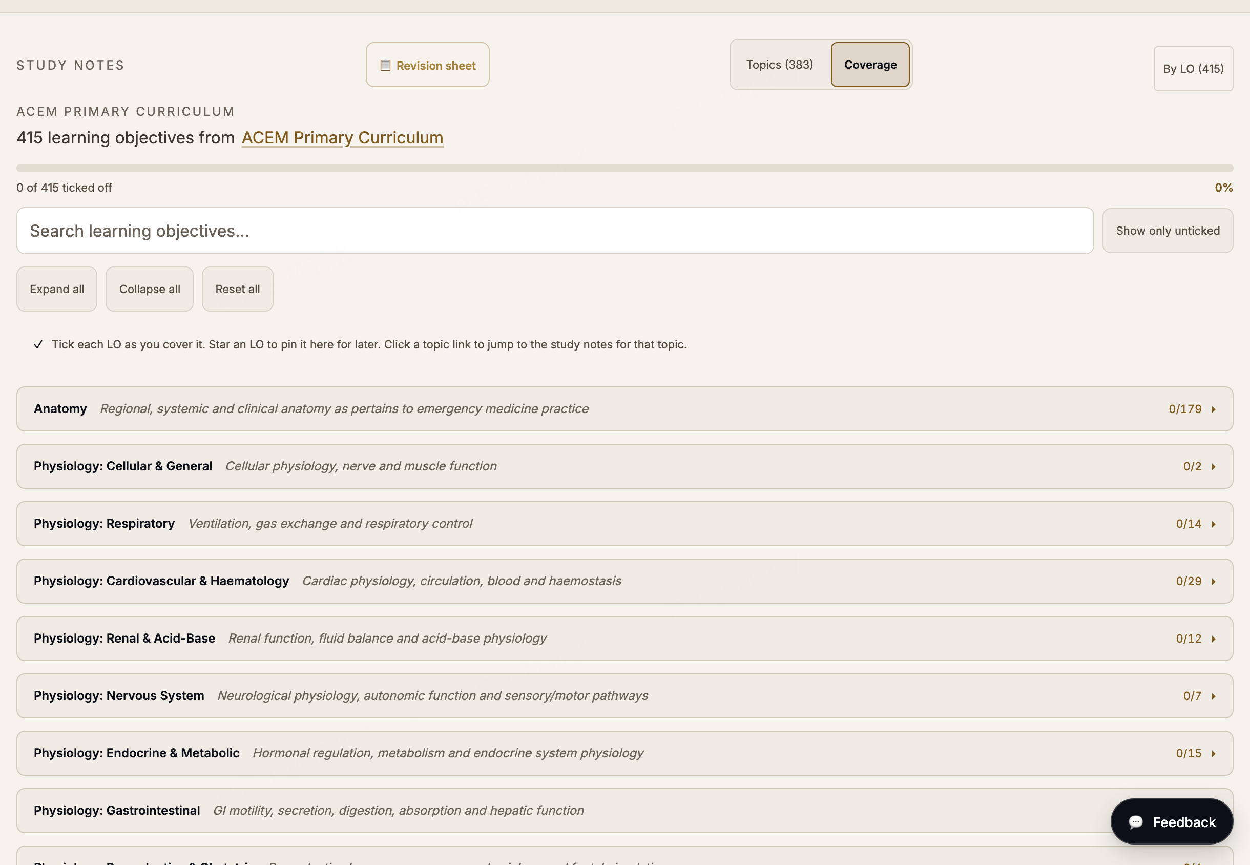 ACEM Primary curriculum tracker: learning objectives grouped by system with coverage counts
