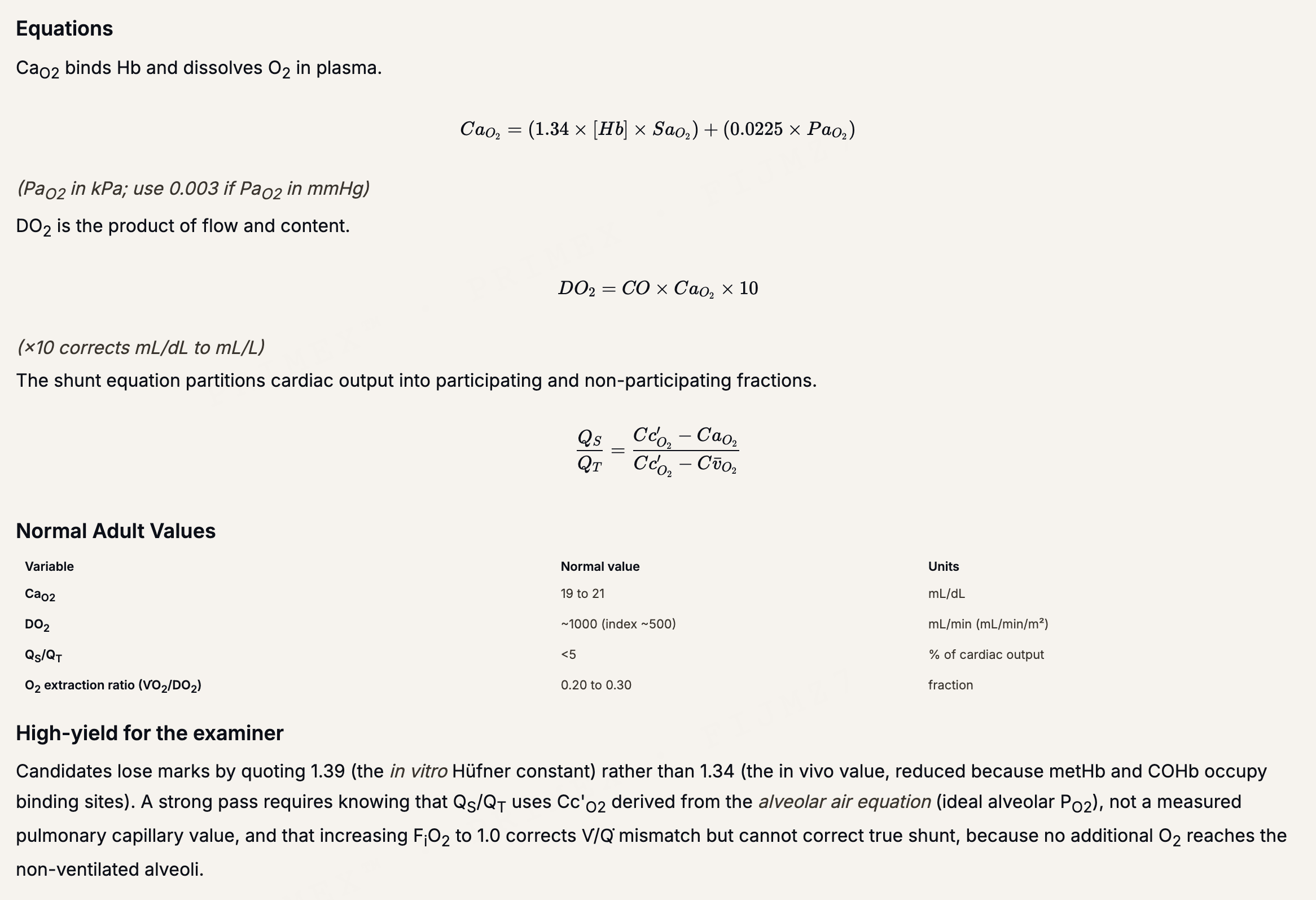 Ask PRIMEX answer framed for ANZCA Primary, showing the oxygen content, delivery and shunt equations as displayed maths above a table of normal adult values