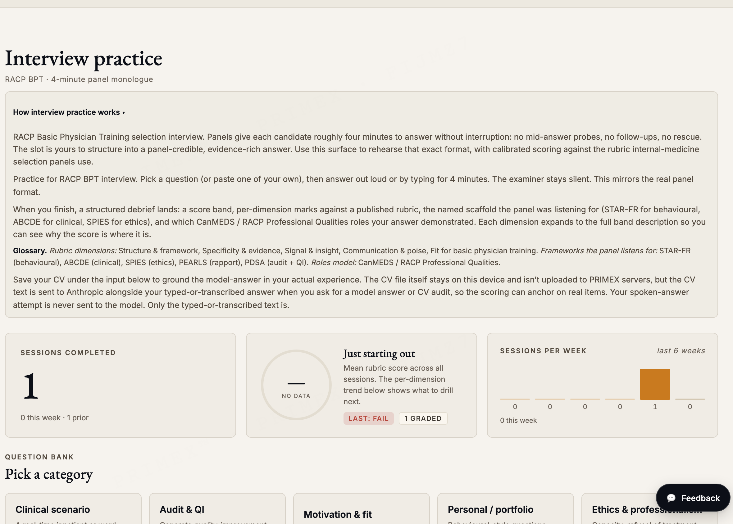 RACP BPT interview practice: panel-monologue simulator with a question-category bank