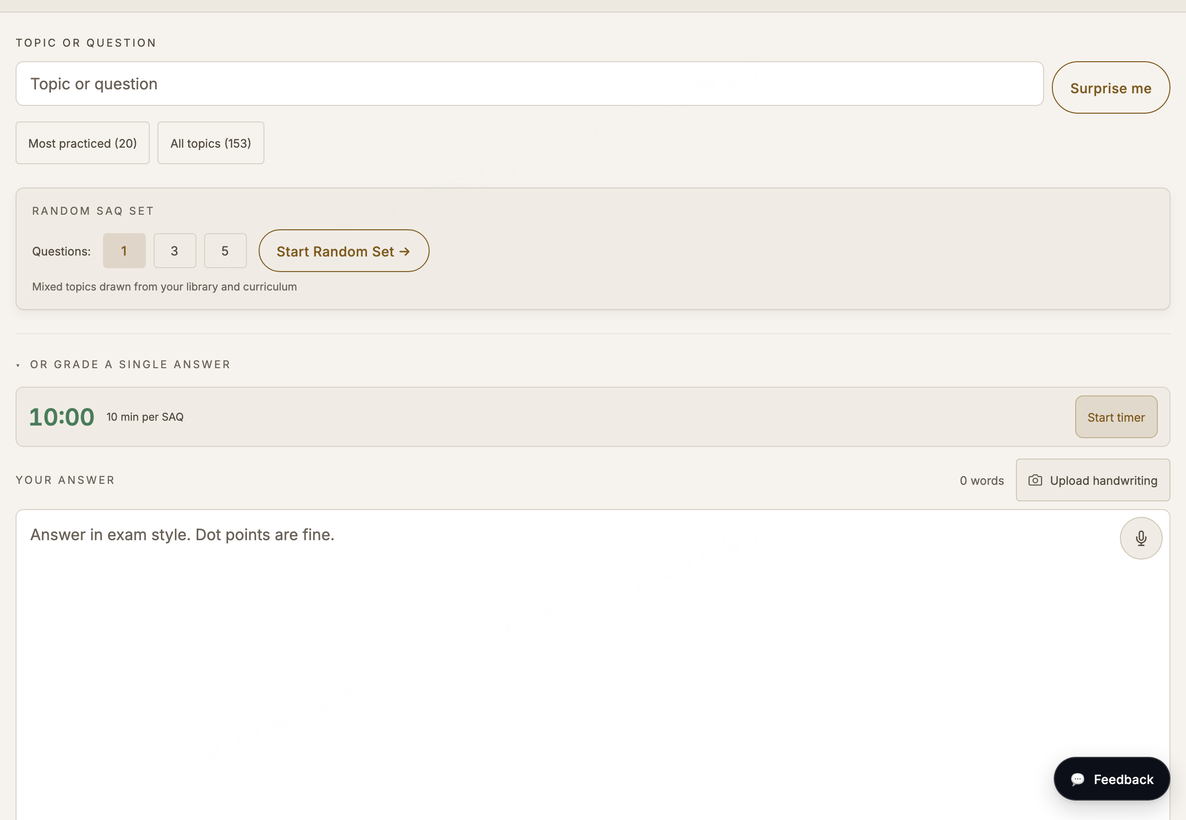 ANZCA Primary SAQ grader: a topic entry box, a random SAQ set, a 10-minute timer and an answer field