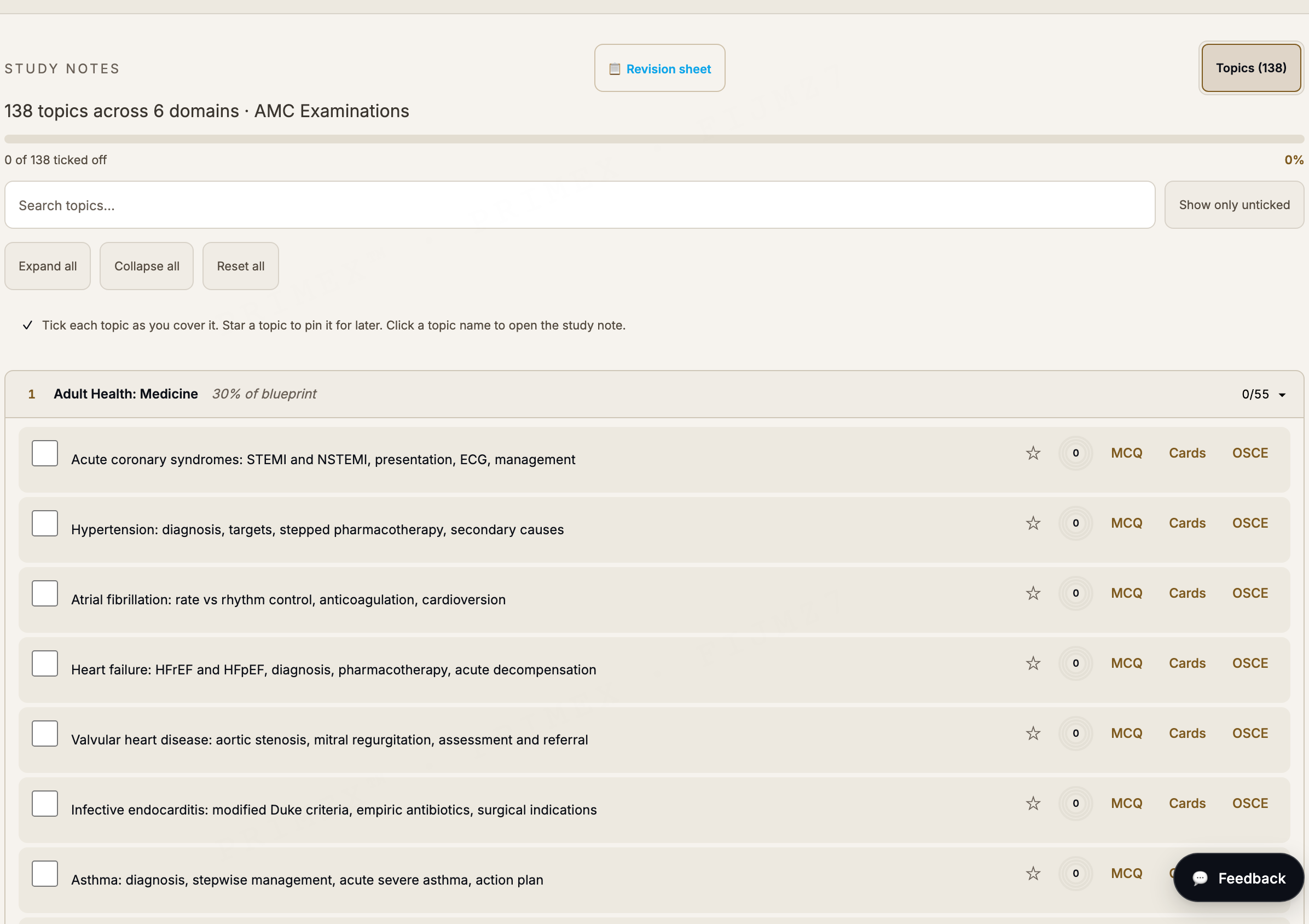 AMC curriculum tracker: blueprint topics grouped by patient group with per-topic MCQ, Cards and OSCE shortcuts