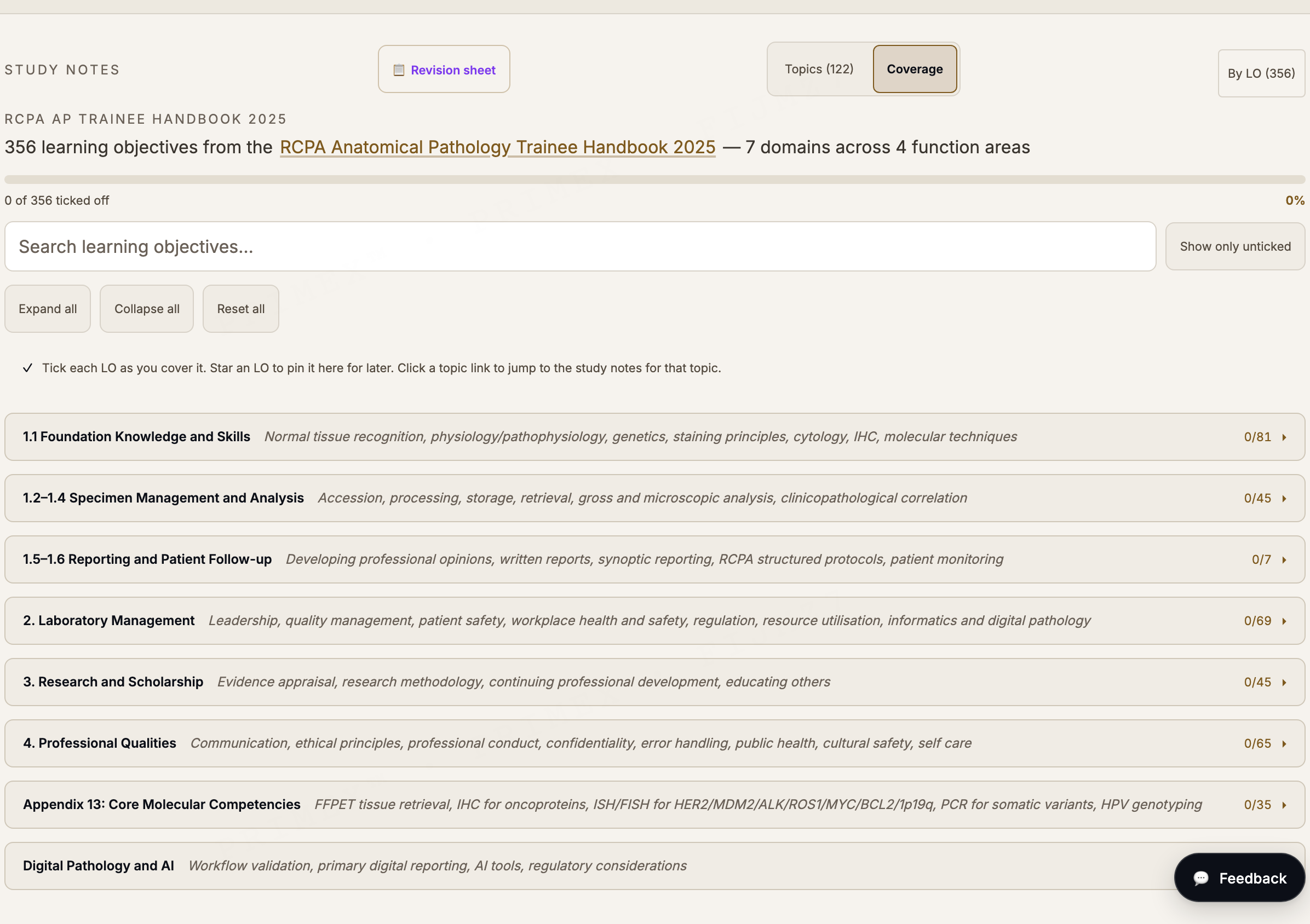 RCPA Anatomical Pathology curriculum tracker: 356 learning objectives across seven domains with per-section progress counts