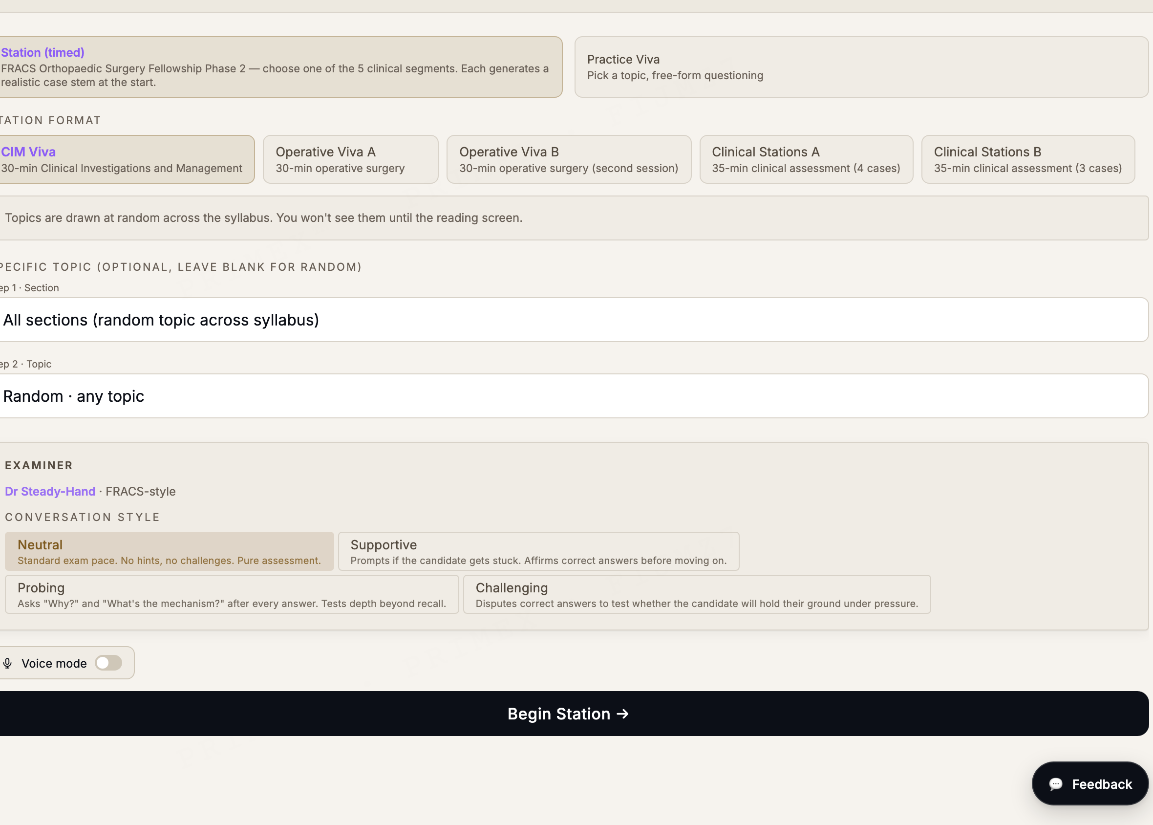 FRACS Orthopaedics viva simulator: station setup with selectable examiner conversation styles