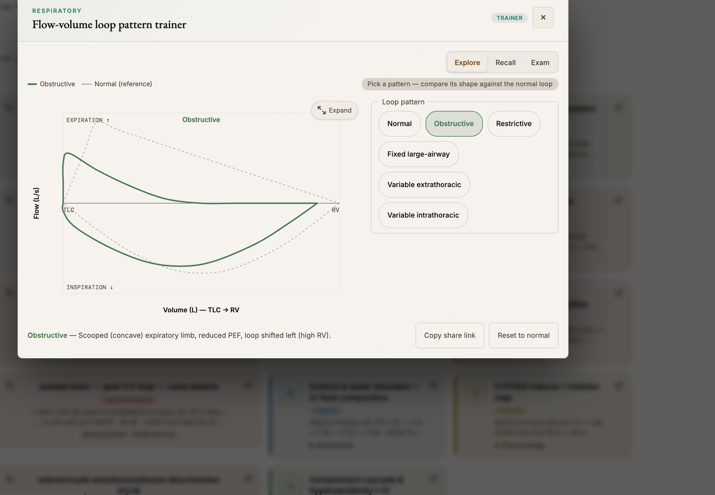CICM First Part interactive diagram: a flow-volume loop pattern trainer with Explore, Recall and Exam modes