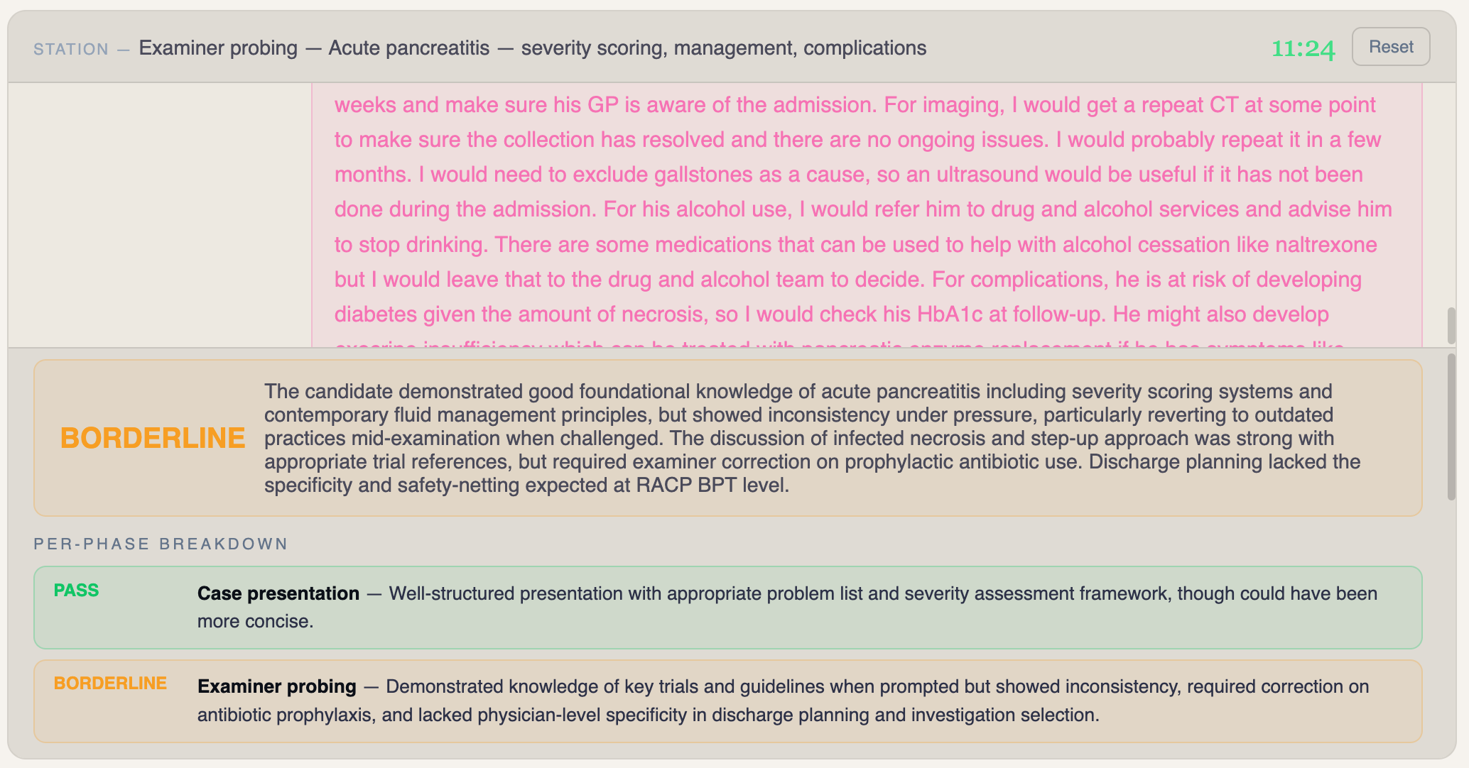 FRACP DCE viva; acute pancreatitis management with BORDERLINE grade breakdown and per-phase feedback