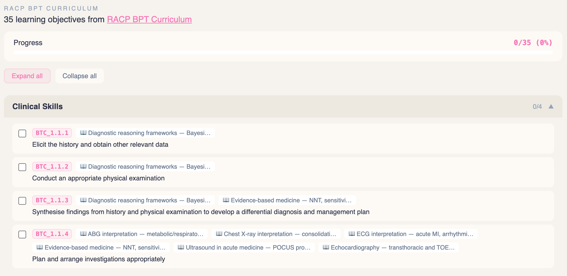 RACP BPT curriculum tracker; learning objectives with Clinical Skills section expanded, checkboxes and progress bar