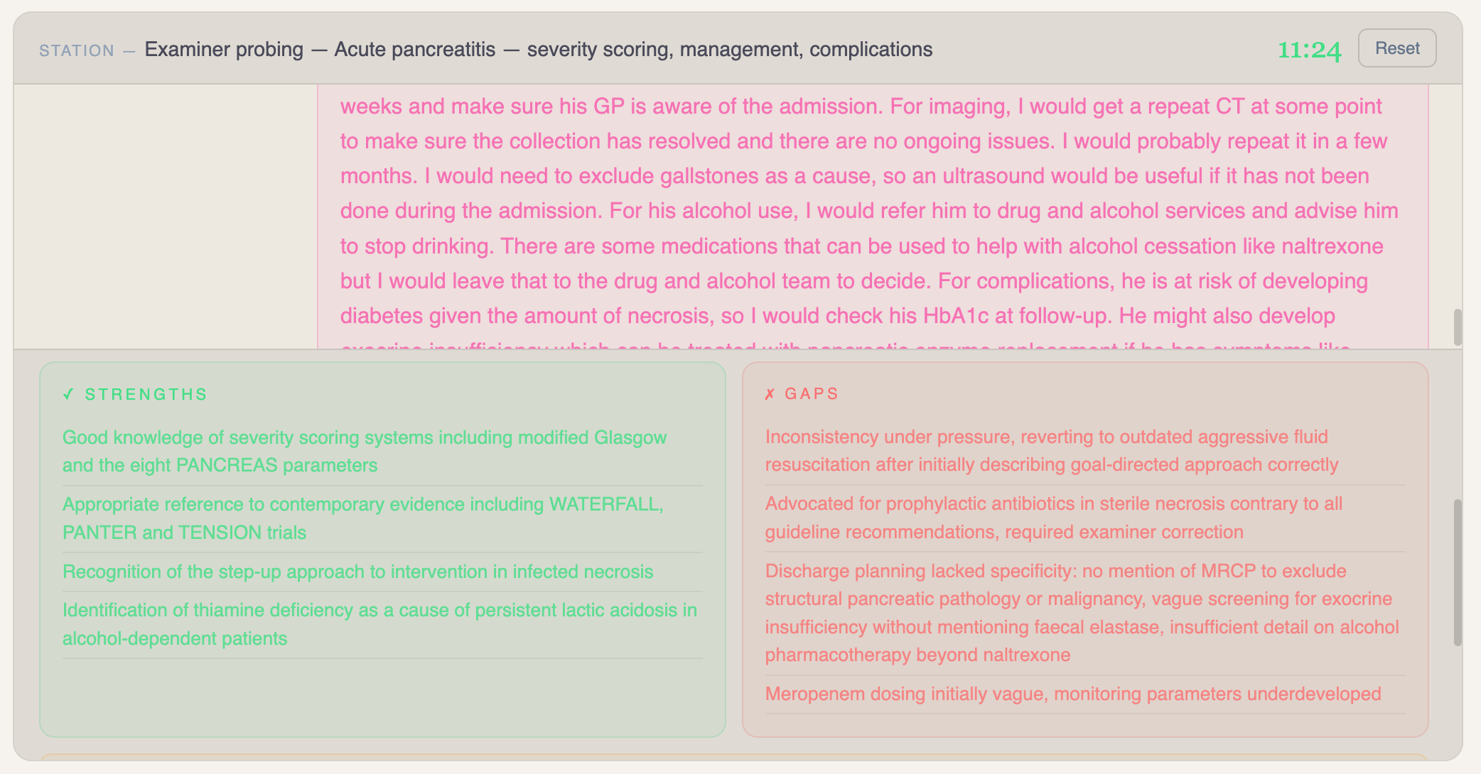 RACP BPT viva; acute pancreatitis station showing strengths, gaps and examiner criteria
