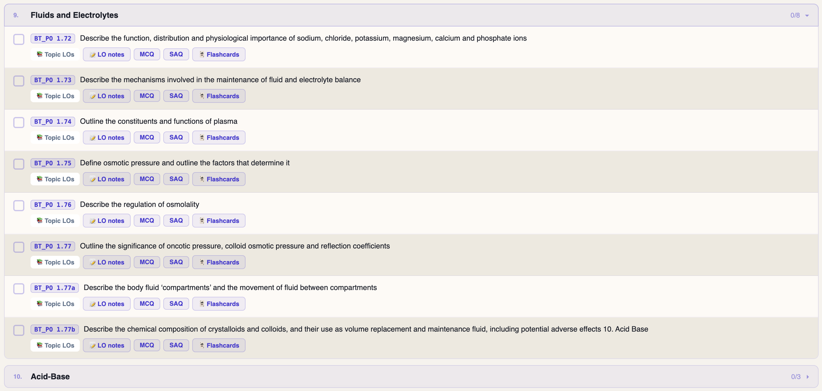 Primex curriculum tracker for ACEM Primary showing a section expanded with each learning objective offering check-off, Topic LOs, LO notes, MCQ, SAQ and Flashcards launchers
